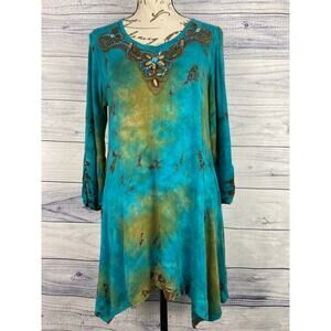 Nature Art by Lynn Yang Jersey Knit Tunic Top Women M Scoop Neck Bead Sequin USA